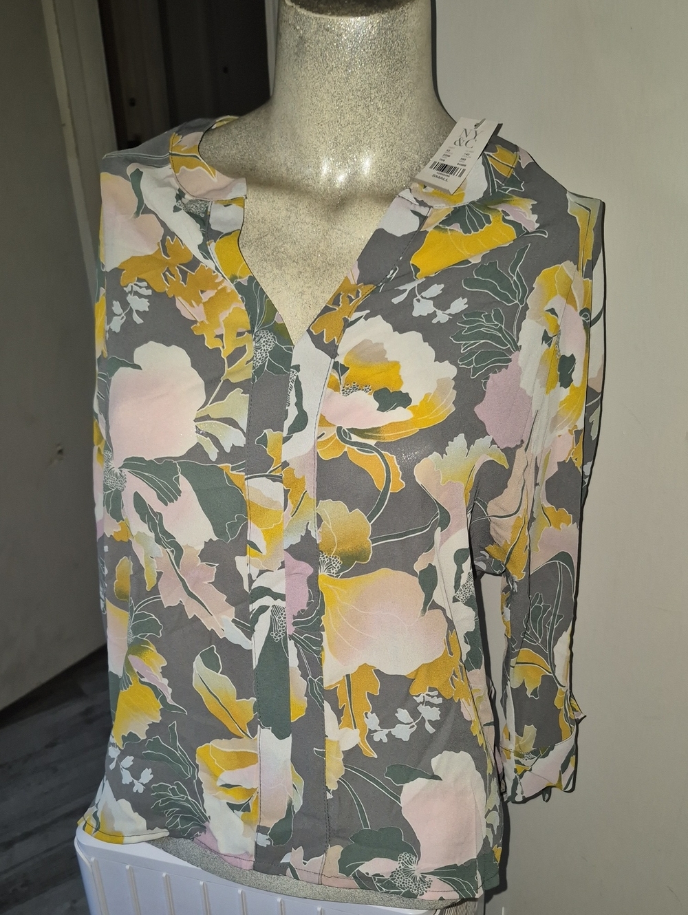 New York & Company Floral V-Neck Blouse - Gray, Yellow & Pink